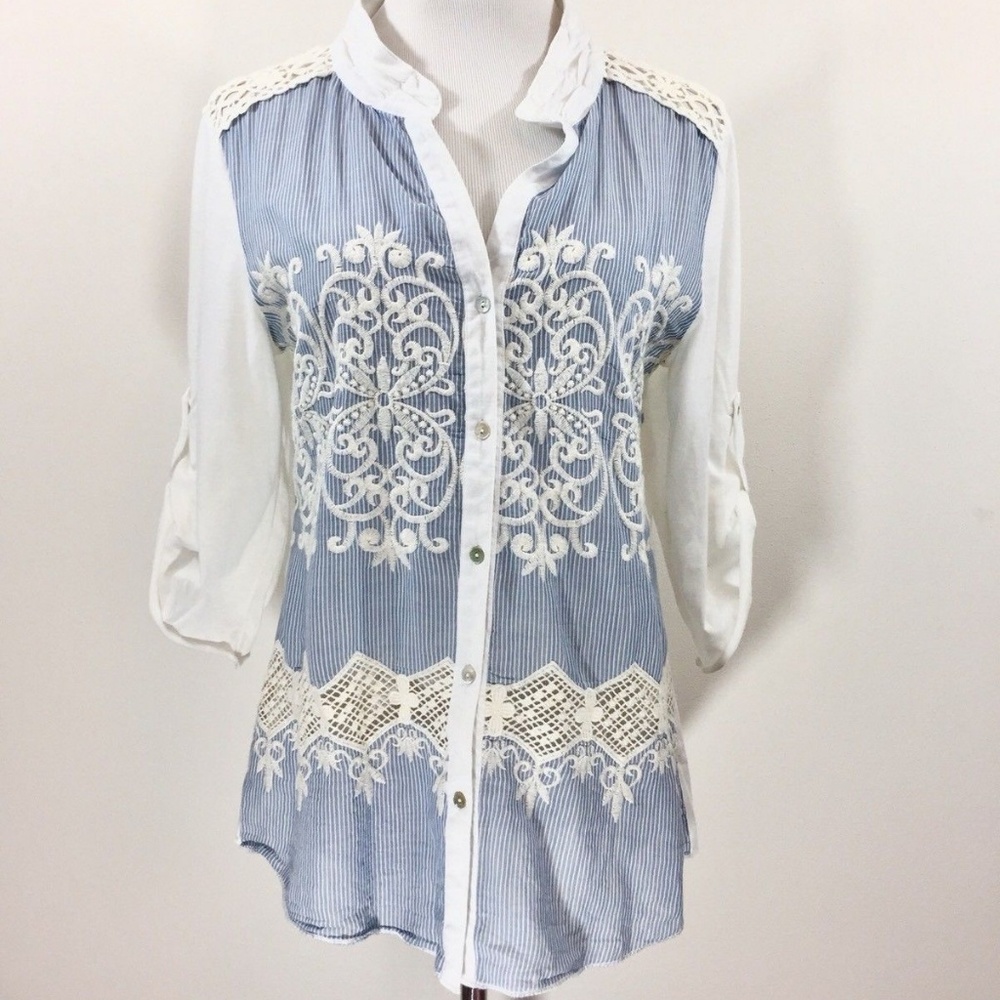 Anthropologie Dylan Blue Blouse Shirt Lace Crochet